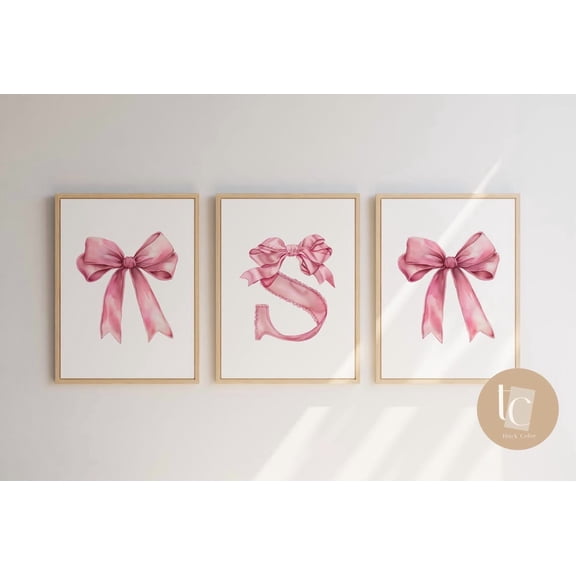Luvia Pink Alphabet S Nursery Vintage Bow Print, Pink Bow Ribbon, Nursery Prints Girl Baby Decor, Modern Wall Decor Set 3 Prints 8x12 UNFRAMED