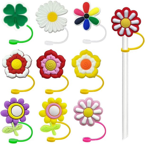 Paquete de 10 tapas de paja de silicona con flores coloridas, reutilizables, a prueba de polvo, accesorios de paja para cocina y hogar Rojo Verde Cocina, Decoración y Otros