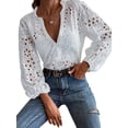 thumbnail image 2 of Women Deep V Neck Eyelet Blouses 3/4 Balloon Sleeve Button Down Hollow Out Fall Shirts White XXL, 2 of 9