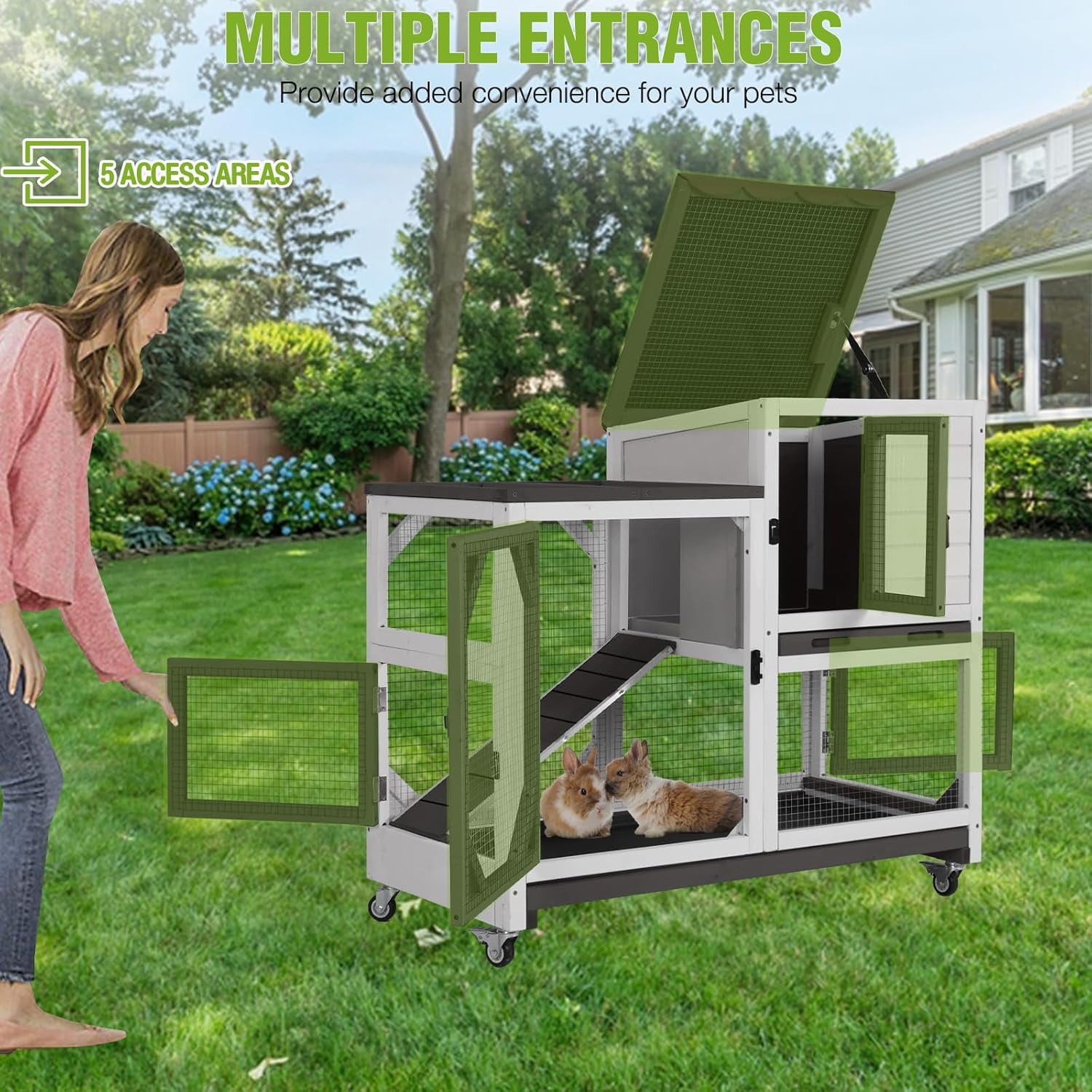 2-Story Rabbit Hutch Bunny Cage with Leak-Proof Trays & Chew-Proof Ramp - Indoor/Outdoor 39.3" Wooden Rabbit Cage with Wheels (Black)