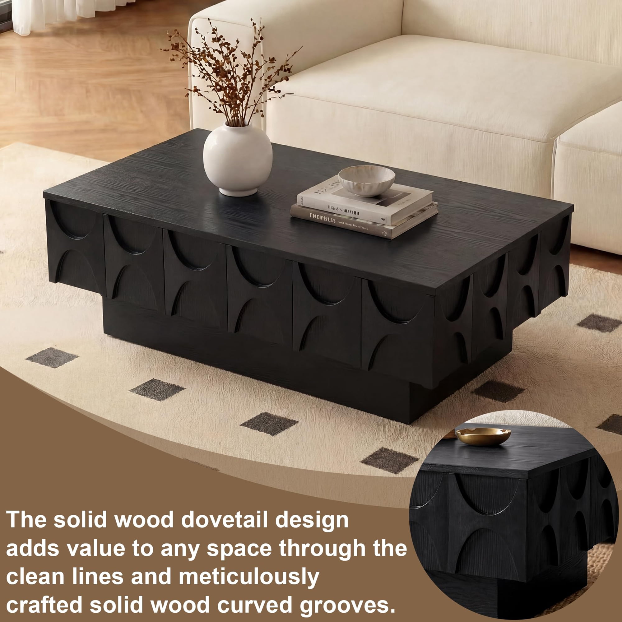LKTART 38.6" Modern Coffee Table with Sliding Top & Hidden Storage, Solid Wood Veneer Mid Century Rectangle Center Table for Living Room Home Office, Black
