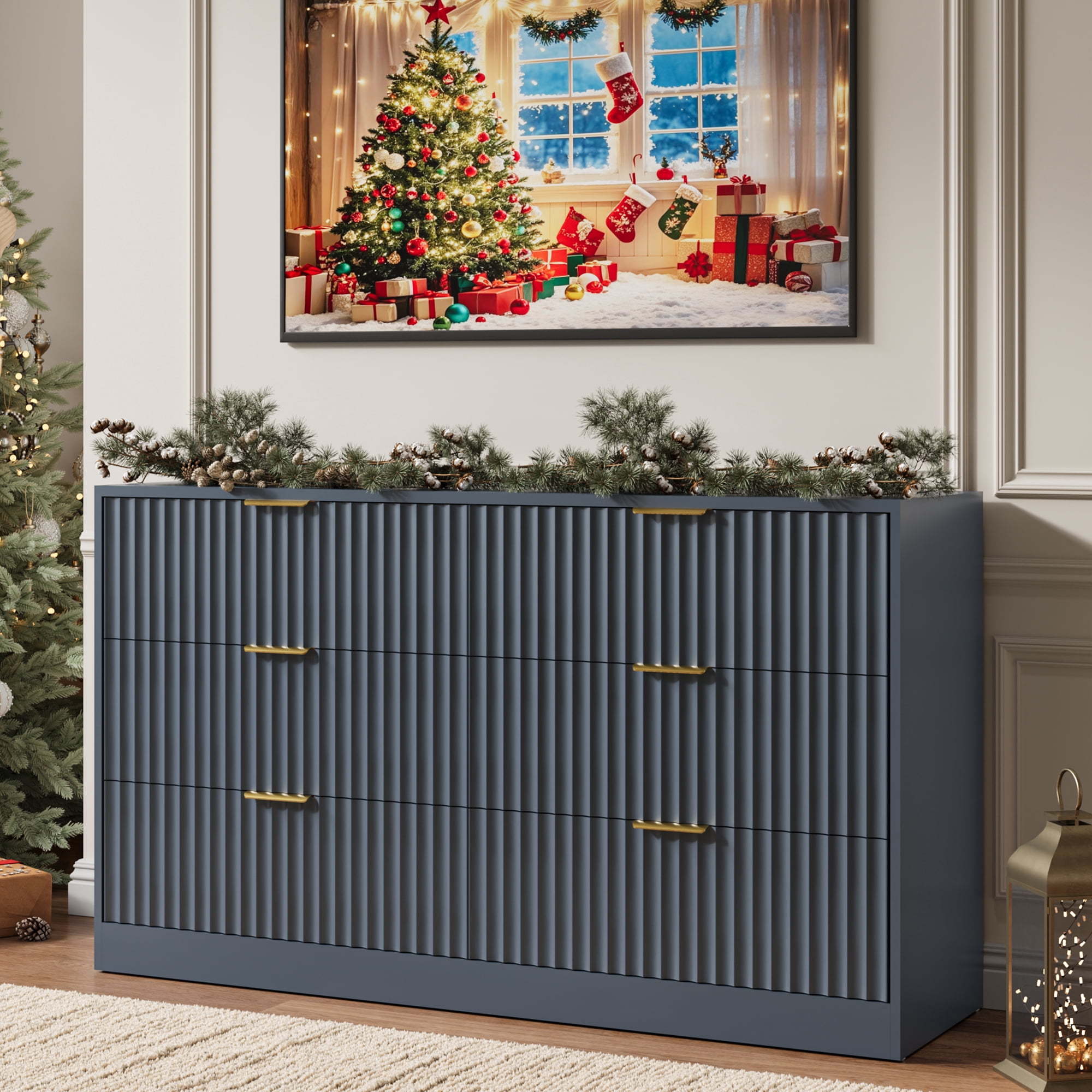 YouTrend 6 Drawer Dresser for Bedroom,55.1"Width Fluted Wood Chest of Drawer with Golden Embedded Handles for Living Room,Blue