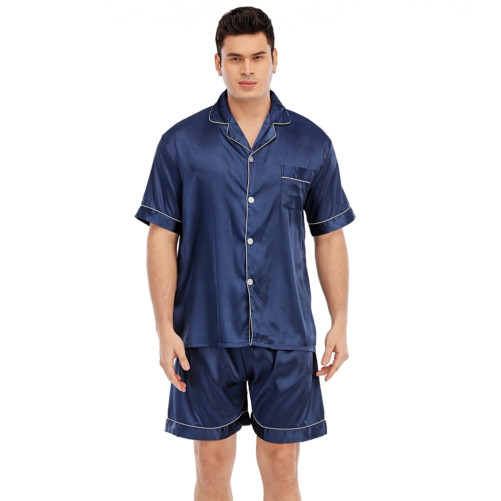 YIMANIE Mens Silk Satin Pajamas Set Short Sleeve and Shorts Classic Sleepwear Loungewear 