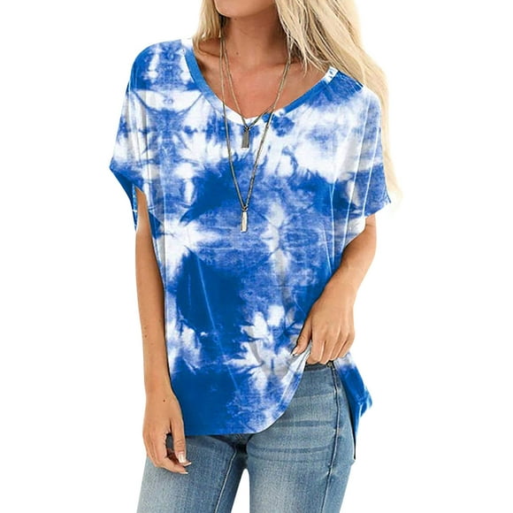 Women Tie Dye Printed High-Low Hem V Neck Short Sleeves Top