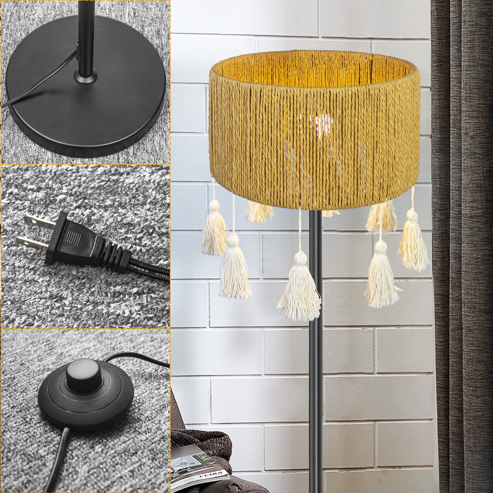 Paper Woven Fringe Floor Lamp with Foot Switch, Standing Lamp for Living Room Bedroom Sofa Reading