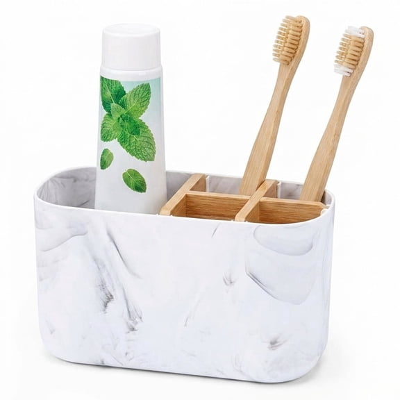 5 Slot Marble Look Toothbrush Holder, Bathroom Countertop Organizer for Electric & Manual Toothbrush, Toothpaste, Razor, Multifunctional Storage for Makeup Brushes & Small Desk Accessories