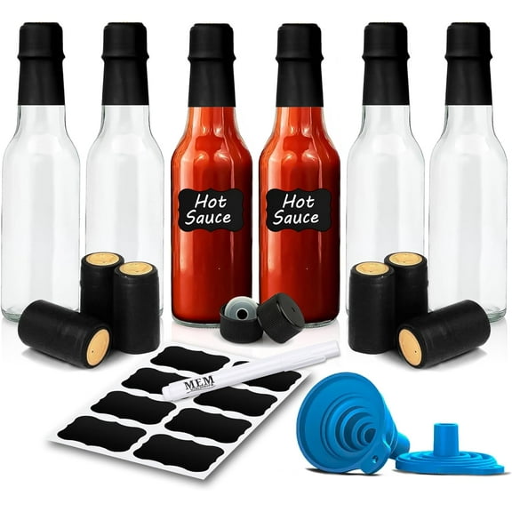 Clear Glass Hot Sauce Bottle (woozy) with Black Cap and Orifice Reducer 5 oz - (6 Pack) with Shrink Capsules Bands, Labels, Silicone Collapsible Funnel and Chalk Market