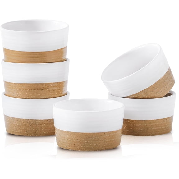 Ramekins, 6 oz Stoneware Ramekin Oven Safe Set of 6, Mini Ramekins Bowls for Dipping, Brulee, Custard, Farmhouse White Wedding Gift