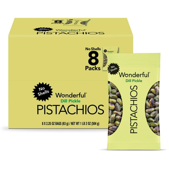 Wonderful Pistachios No Shells, OKA4 Dill Pickle Flavored Nuts, 2.25 Ounce Bag (Pack of 8), Dill Pickle Snacks, Healthy Snack, Travel Snacks