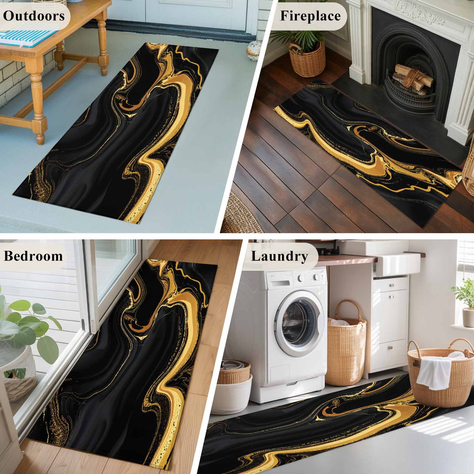 Black Gold 2x6 Runner Rug for Hallway Walkway Kitchen Galley, Marble Luxury Abstract Abstract Fluid Texture Low Pile Washable Non Slip Long Area Rug
