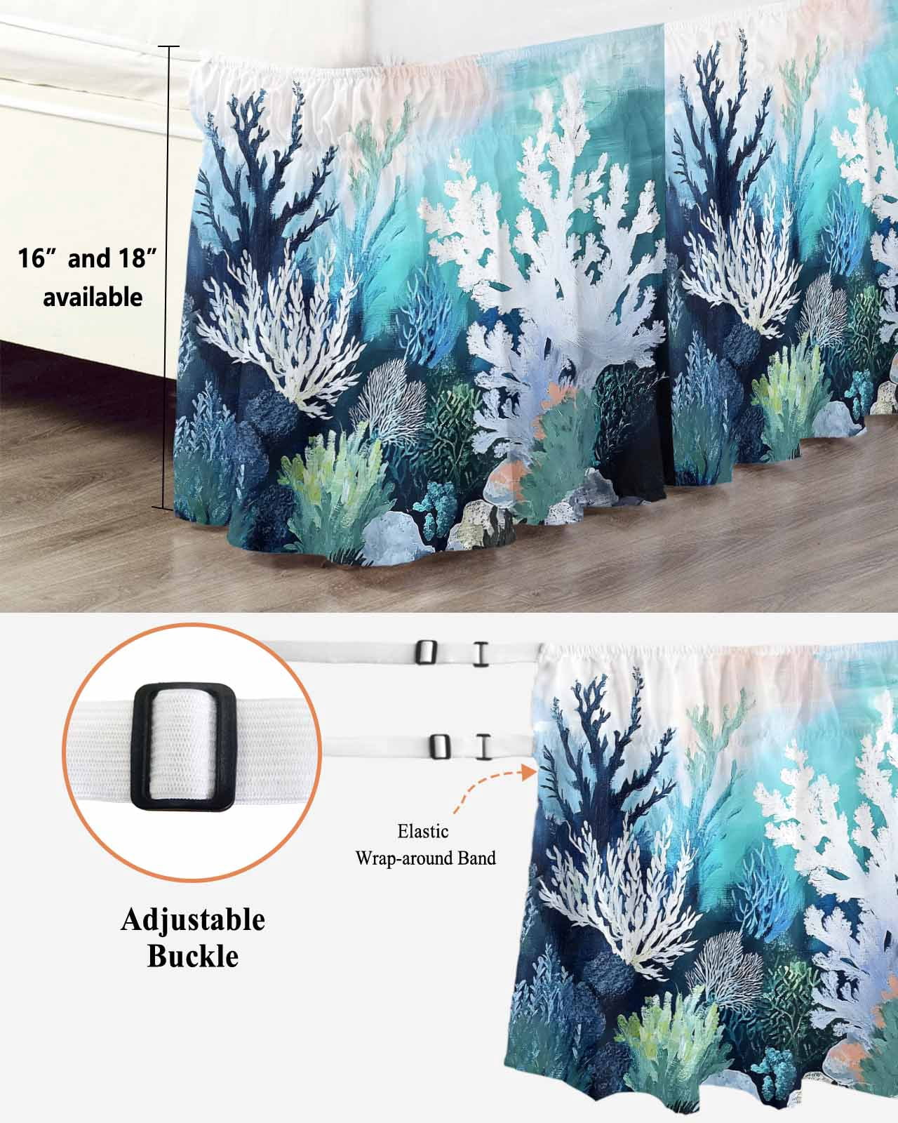 Coastal Ocean Wrap Around Bed Skirts for Queen Bed 16" Drop, Bed Skirt with Adjustable Elastic Belt Dust Ruffle Bed Valance for Bedroom Hotel Luxury Summer Vintage Colorful Coral Bed Frame Cover