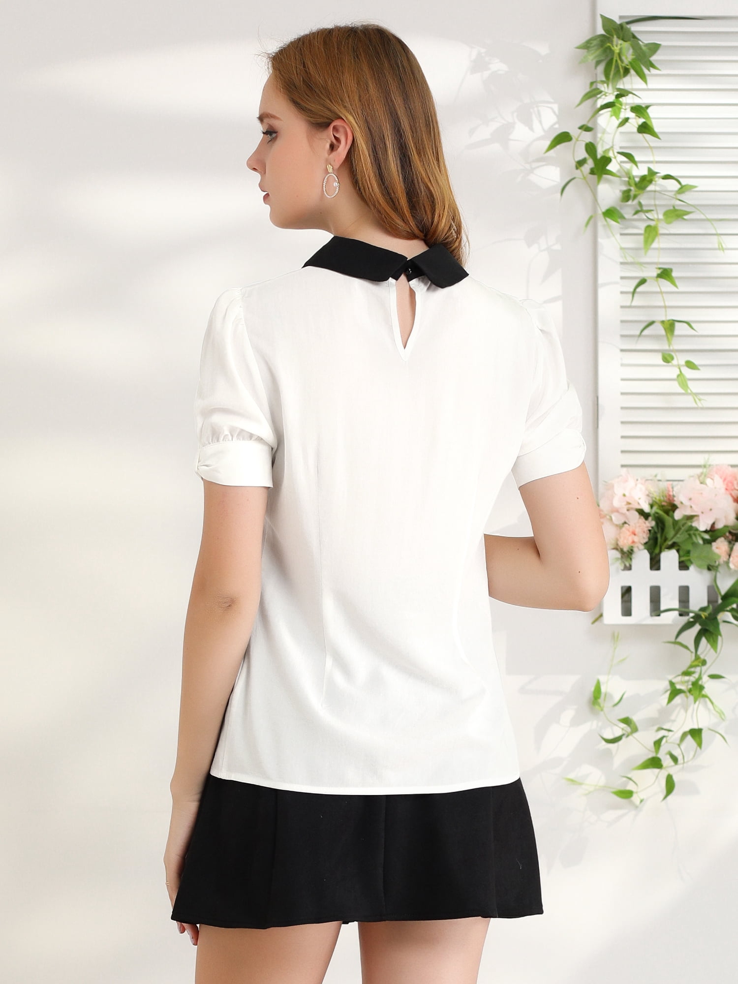 DARING DIVA Peter Pan Collar Contrast Puff Blouse Top XL White
