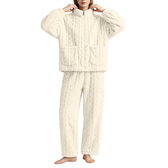 Warop Women's Winter Long Sleeve Flannel Zip Up Cardigan Fleece Thickened High Neck Pajama Set Cozy Warm Wearable Homewear Sleepwear Soft and Comfortable