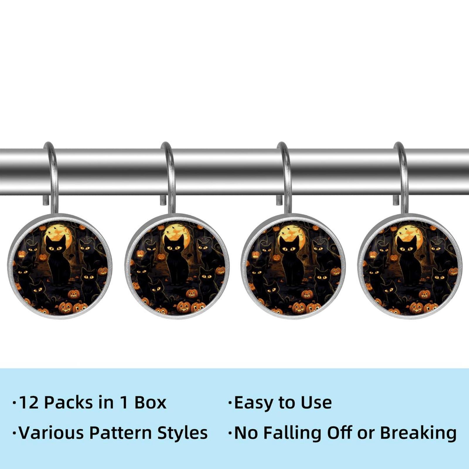 12pcs Decorative Shower Curtain Hooks, Rust Resistant Shower Rings for Bathroom Living Room,Rustproof Stainless Steel Rings for Shower Curtain and Liner Rods,Halloween Cat P
