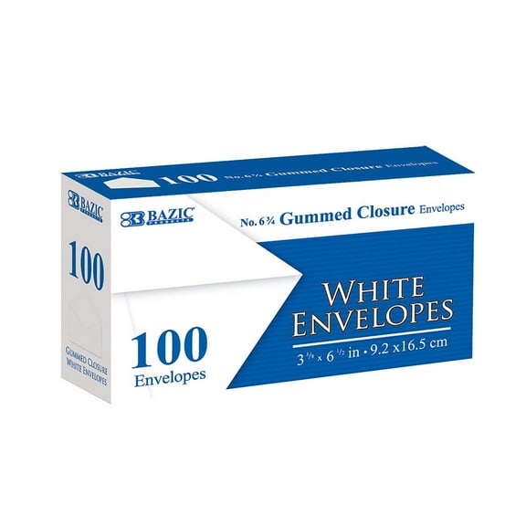 BAZIC White Envelope #6 3/4 Gummed Seal 3 5/8 x 6 1/2 Mailing Envelopes, 100-Count
