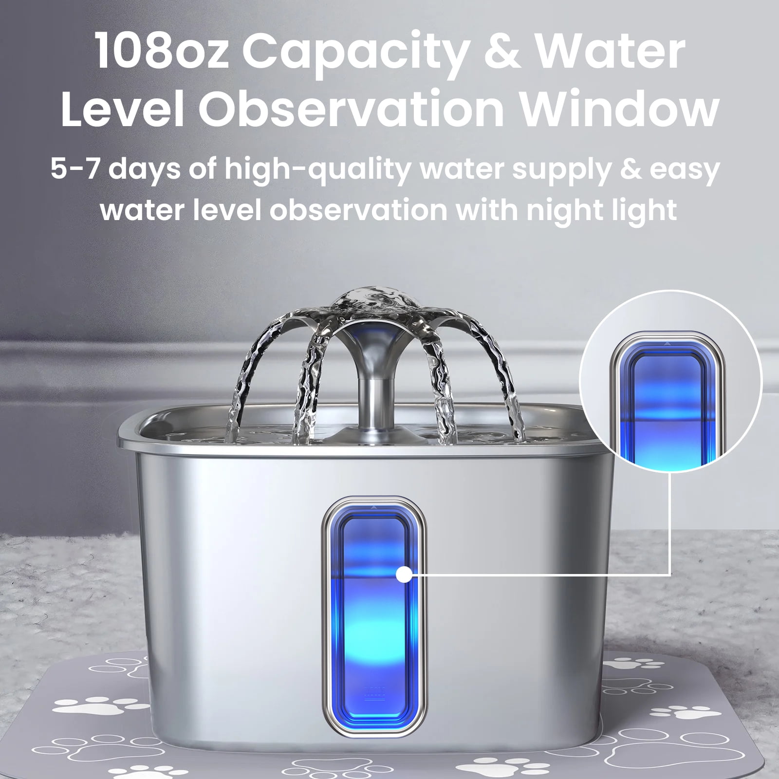 Ophanie 108oz/3.2L Stainless Steel Cat Water Fountain with 3 Replacement Filters & Silicone Mat, Automatic Water Dispenser for Cats and Dogs, Electric Drinking Bowl Suitable for Multiple Pets, Silver