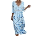 thumbnail image 2 of Ayolanni Fall Dresses for Women V-Neck 3/4 Sleeve Floral A-Line Maxi Dress Flowy Cotton Vacation Casual Long Dress Blue XXXL, 2 of 6