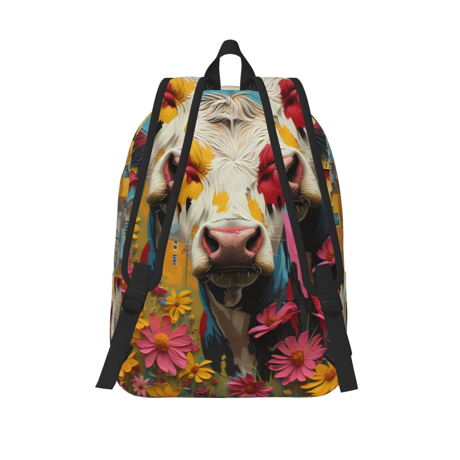 Picia Yellow Daisy Cow Printed Canvas Daypack - Stylish and Durable Vintage Compact Backpack - Class, Work, Travel, or Laptop Bookbag,Organized Compartments-Small