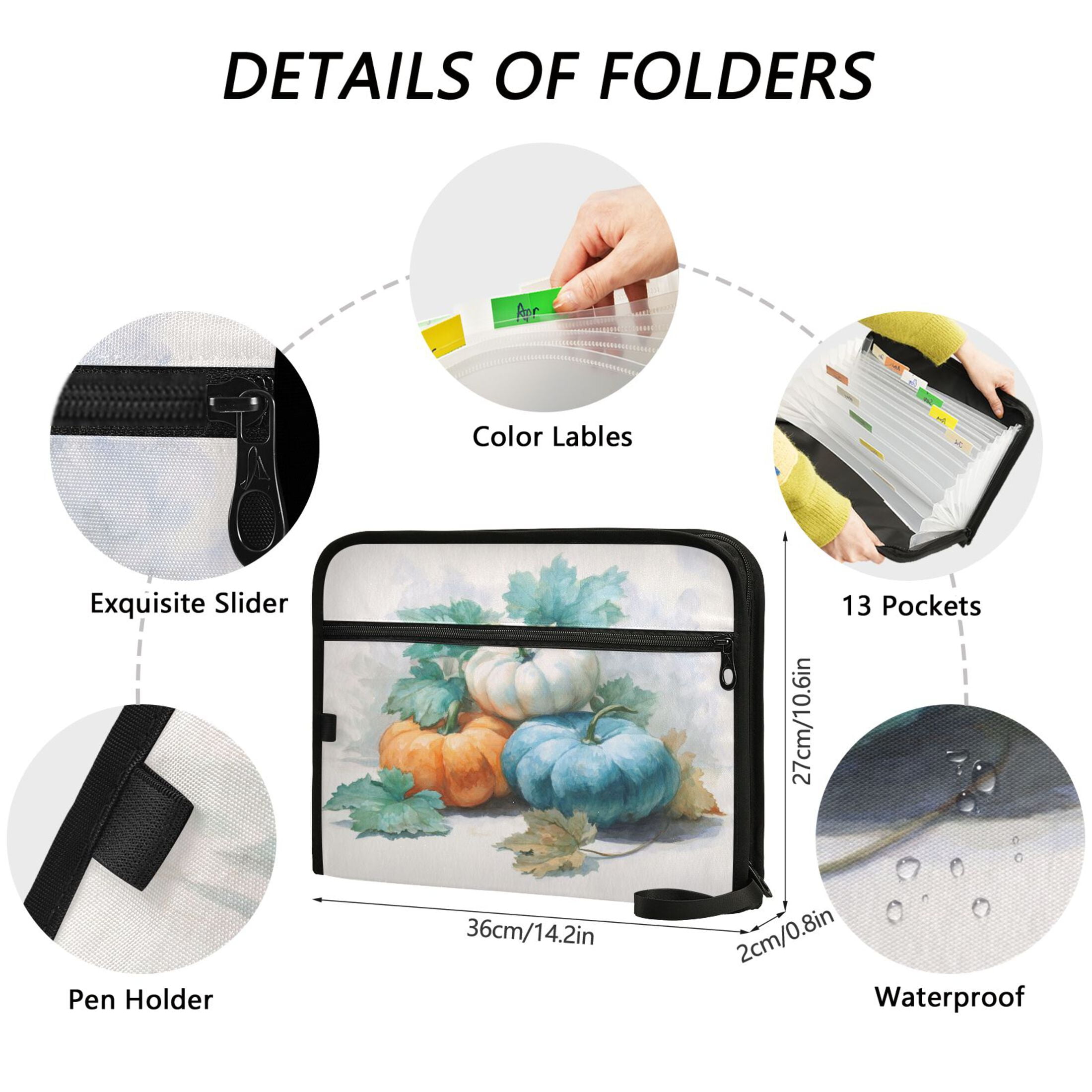 Accordion File Organizer with Zip Closure 13 Pockets Expanding File Folder Letter A4 Paper Document Organizer for Home Office Watercolor Pumpkins and Leaves
