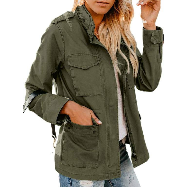 UKAP Womens Military Jacket Zip Up Snap Buttons Lightweight Utility Anorak  Field Safari Coat Outwear Army Green S