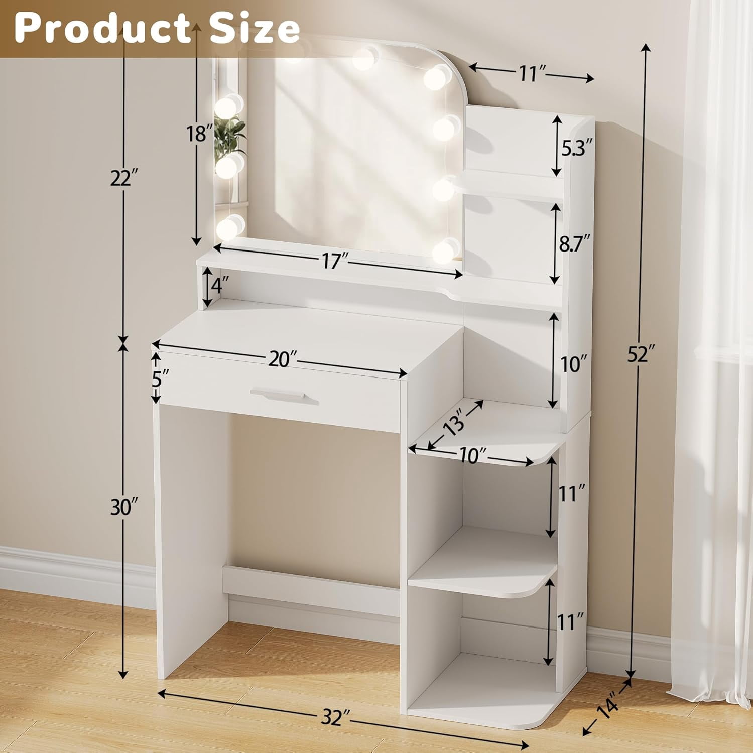 32" Makeup Vanity Desk with Mirror and Lights, 3 Lighting Colors, 5 Storage Shelves & Large Drawer, White Vanity Set for Bedroom, Girls and Women