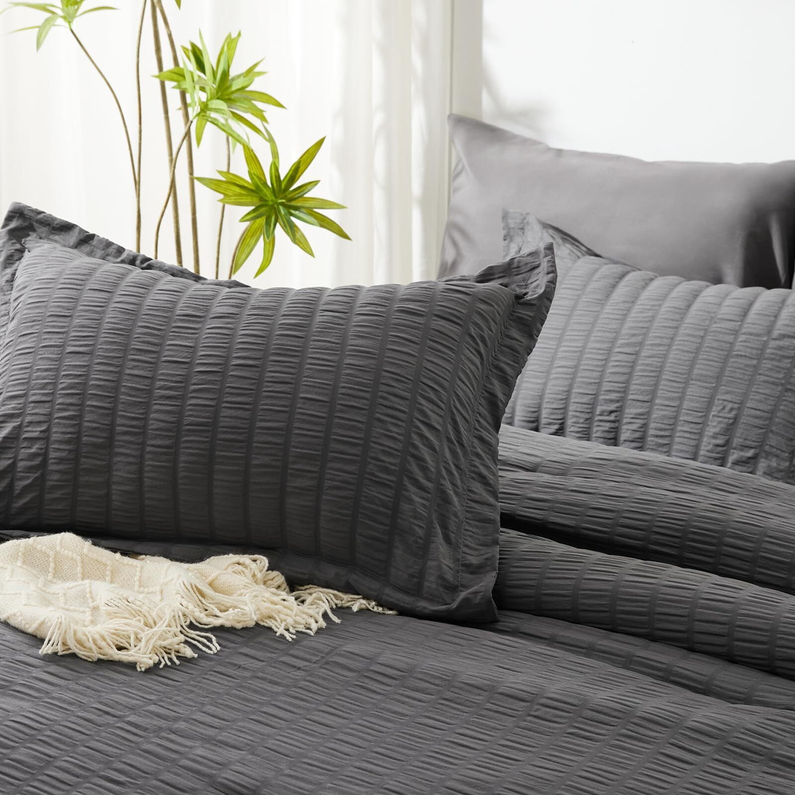 JUSTLET Queen Seersucker Comforter Set with Sheets Dark Grey Bed in a Bag 7-Pieces All Season Bedding Sets with Comforter, Pillow Sham, Flat Sheet, Fitted Sheet, Pillowcase