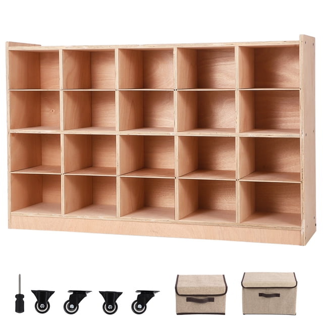 GloryStar Classroom and Playroom Coat Locker, Cubbies with Double Side Hooks, Storage Boxes, Casters, and Anti-Tip Safety Anchors