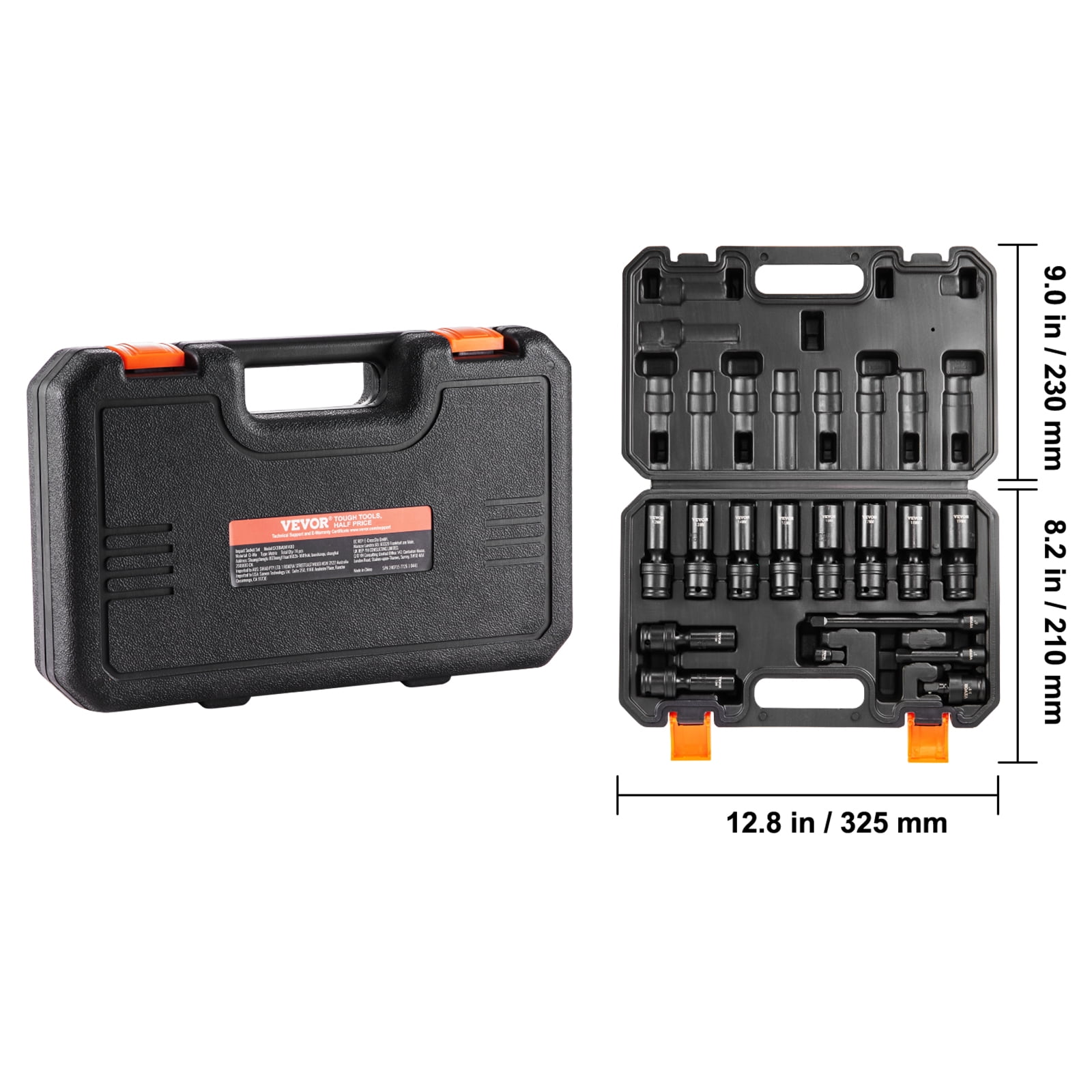 VEVOR 360 Degree Swivel Impact Socket Set, 3/8" Socket Set 14PCS Deep Universal Metric 10-19mm,6 Point Cr-Mo Alloy Steel for Auto Repair,Easy-to-Read Size Markings, Rugged Construction,Storage Case