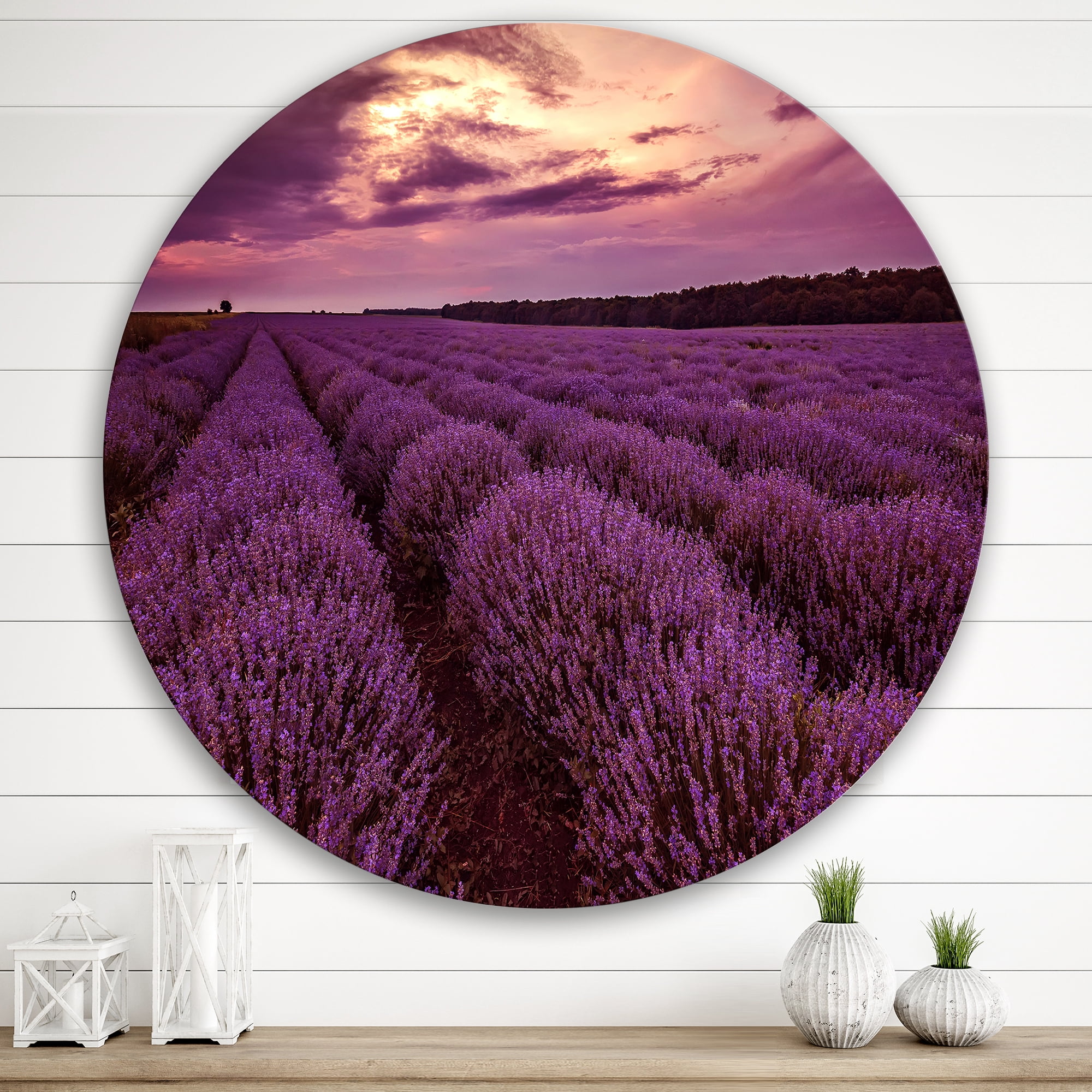 Designart 'Dramatic Clouds and Sunrise Over Lavender Field III' Farmhouse Circle Metal Wall Art 29x29 - Disc of 29