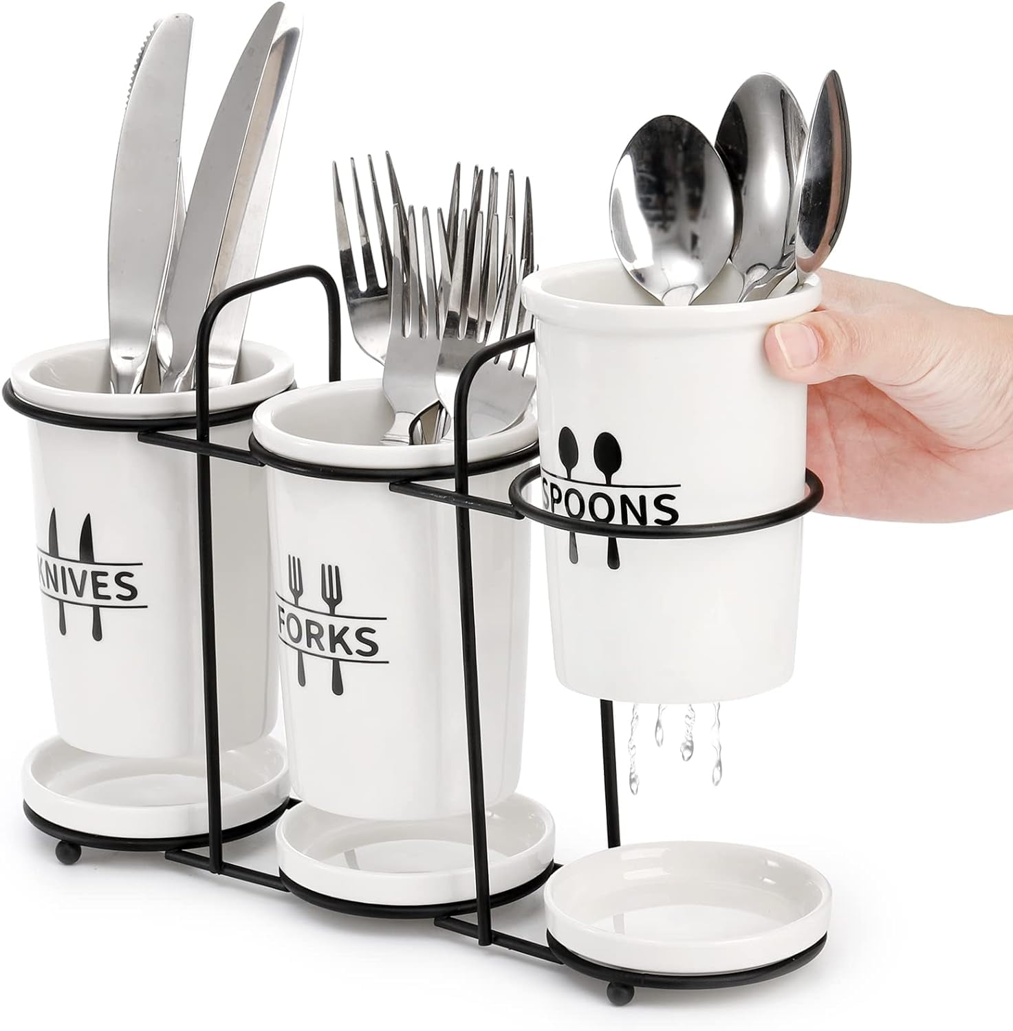 Flatware Holder, 3-Piece Silverware Utensil Holder Ceramic Flatware Caddy with Metal Rack, Flatware Caddy White Ceramic Cutlery Organizer for Forks, Spoons, Knives$$Home Decor, Kitchen, & Other
