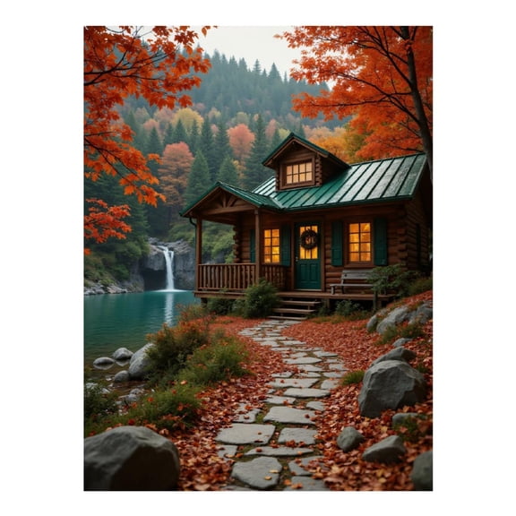 Diamond Art Kits for Adults, Autumn Cabin Lake Waterfall Scene 5D Diamond Painting Kits for Adults Beginners, DIY Full Drill Diamond Painting, Gem Art and Crafts 12x16