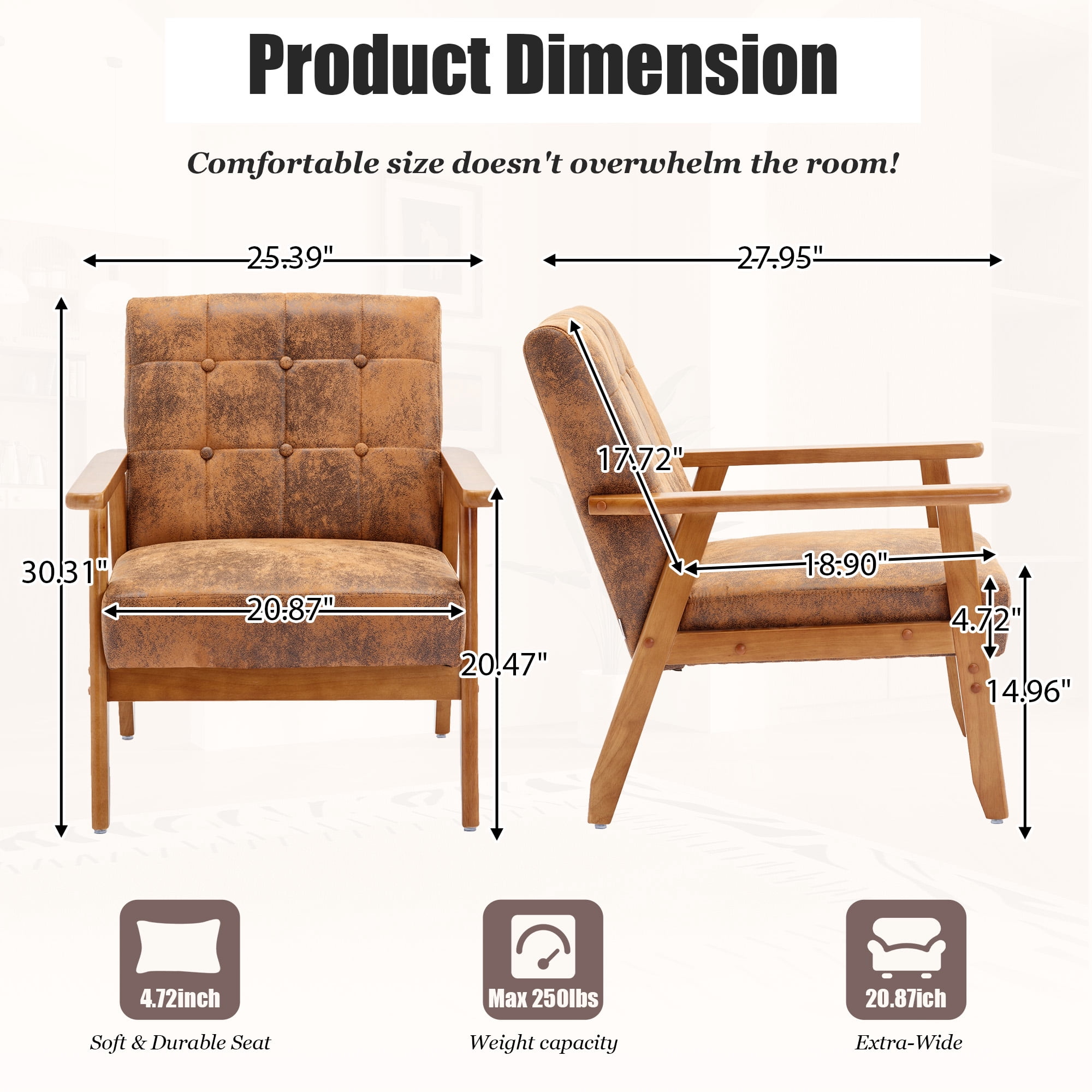 MOONMISS Mid Century Modern Arm Chair with Rubber Wood Frame, Accent Chair with Velvet Upholstery for Living Room Bedroom Reading Room, Easy Assembly,Coffee