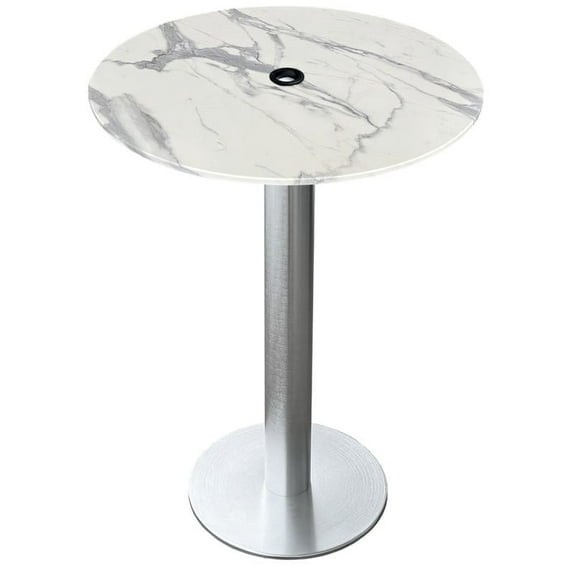 Indoor/Outdoor 36" Tall OD219 Brushed Aluminum Table Base with 18" Diameter foot and 32" Diameter Indoor/Outdoor White Marble Top with Umbrella Hole