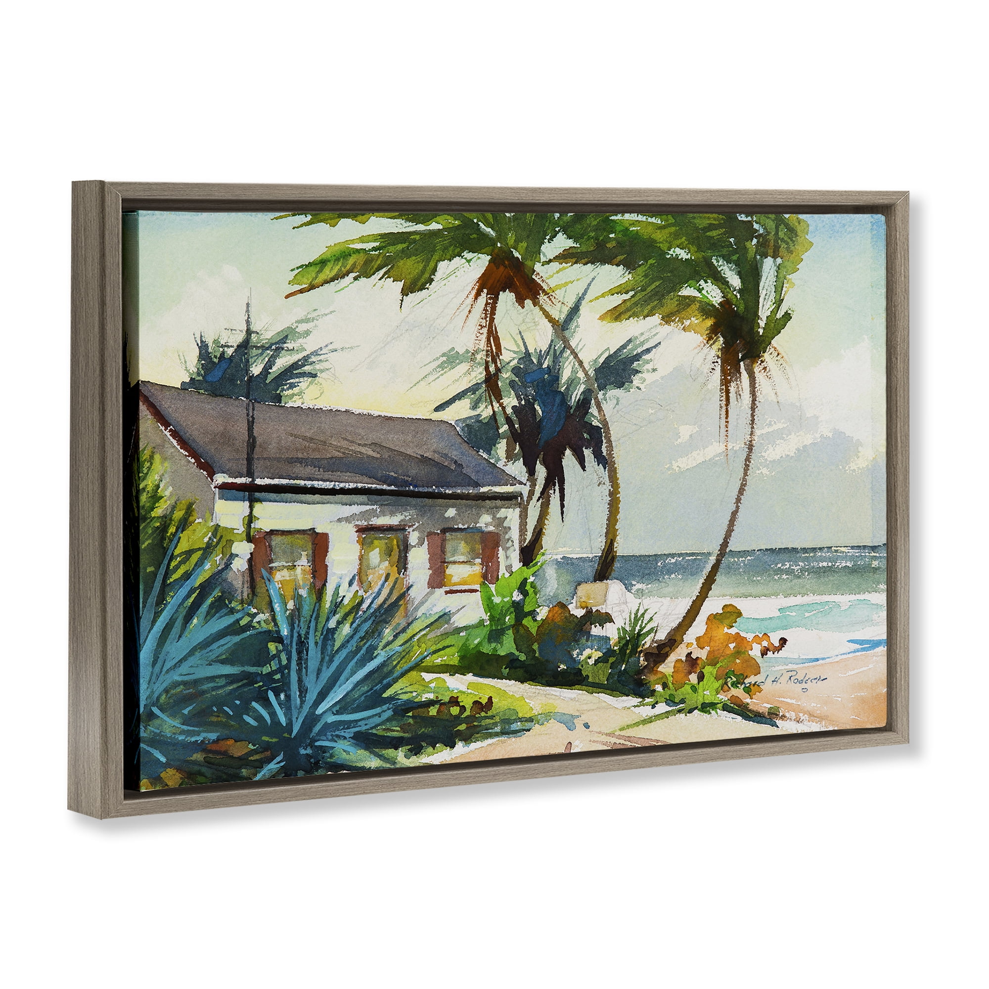 Stupell Industries Windswept Palms Cottage Landscape & Nature Painting Brown Floater Framed Canvas Art Print Wall Art, 25 x 17
