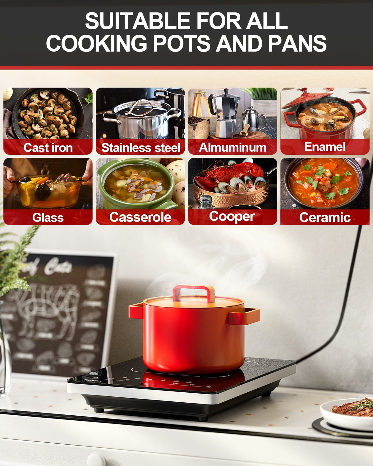TOPWISH Portable Electric Cooktop, 1300W Single-Burner Ceramic Hot Plate, 110–120V Countertop Stove with 6 Preset Functions, 10 Power Levels, LED Touch Control, Timer, Child Lock & Residual Heat Indi
