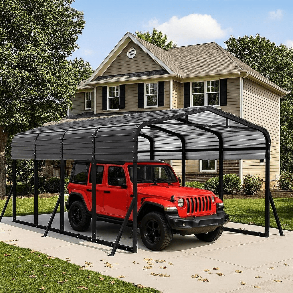 HEITOK Metal Carport Outdoor Garage Shelter - Heavy Duty Galvanized Steel - 12' x 20' Black