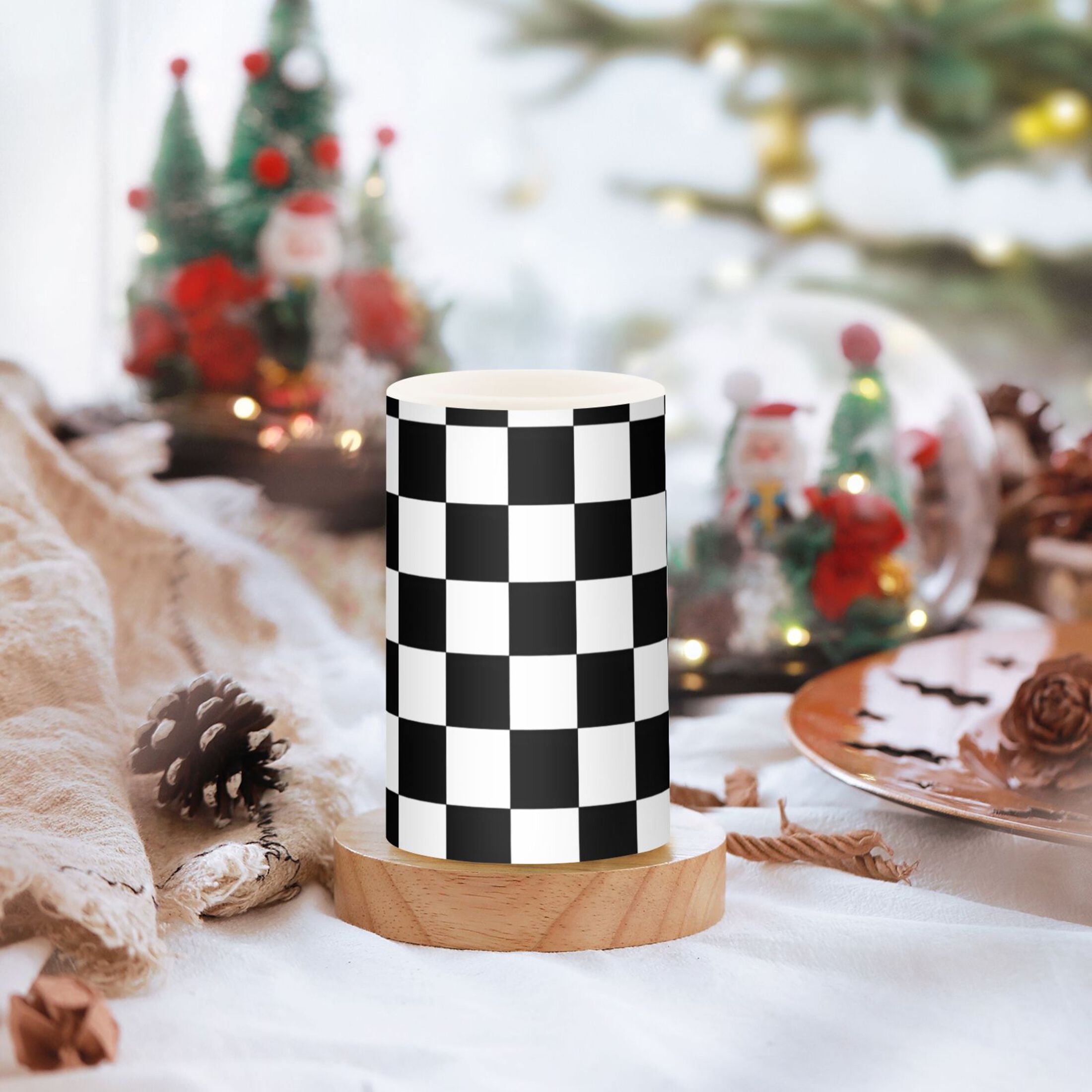 Black-white Plaid Flickering Flameless Candles LED Tealight Battery Operated with Remote Set of 2 Holiday Decor Ornaments
