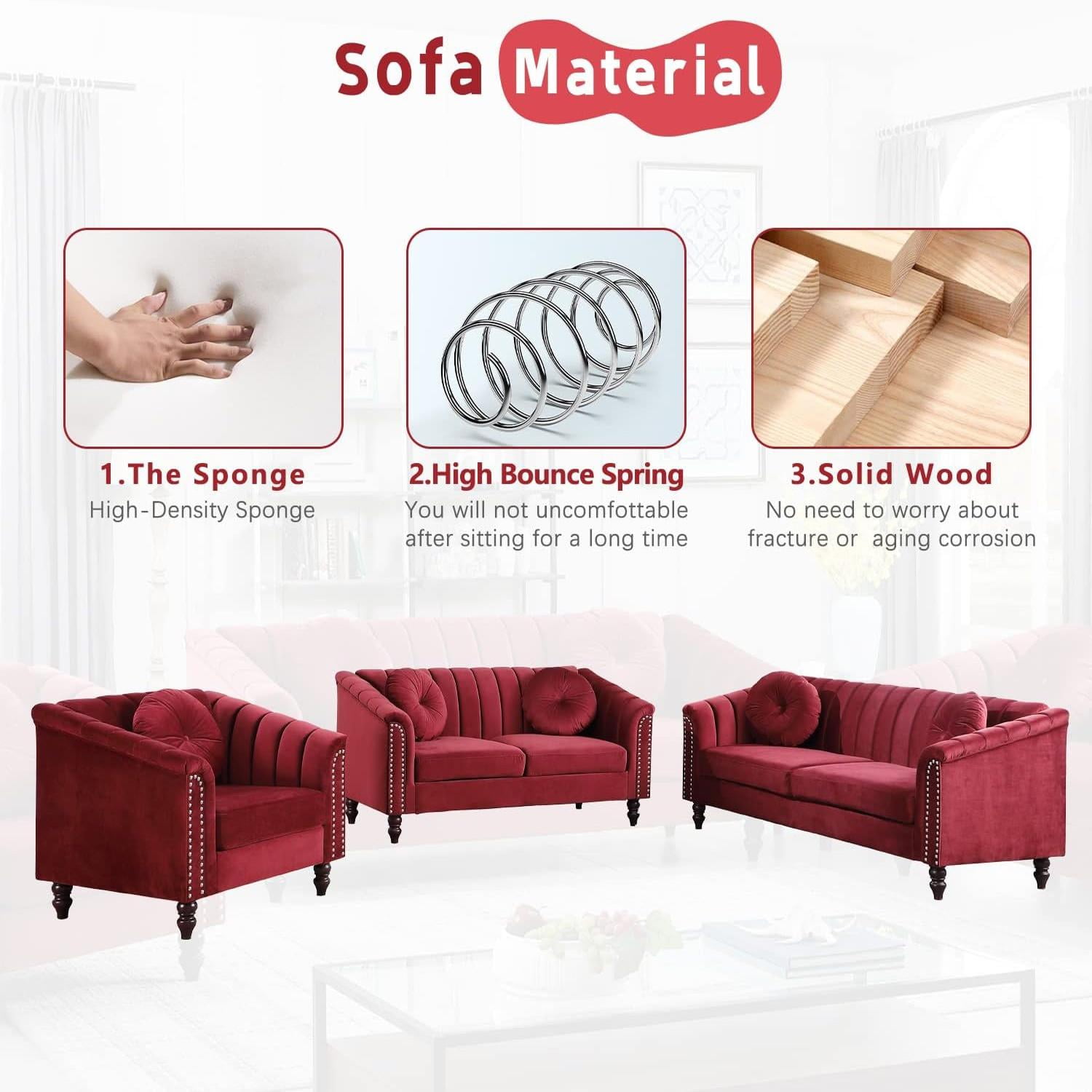 Gewnee Chesterfield Velvet Sofa Couch with Nailhead Trim and 2