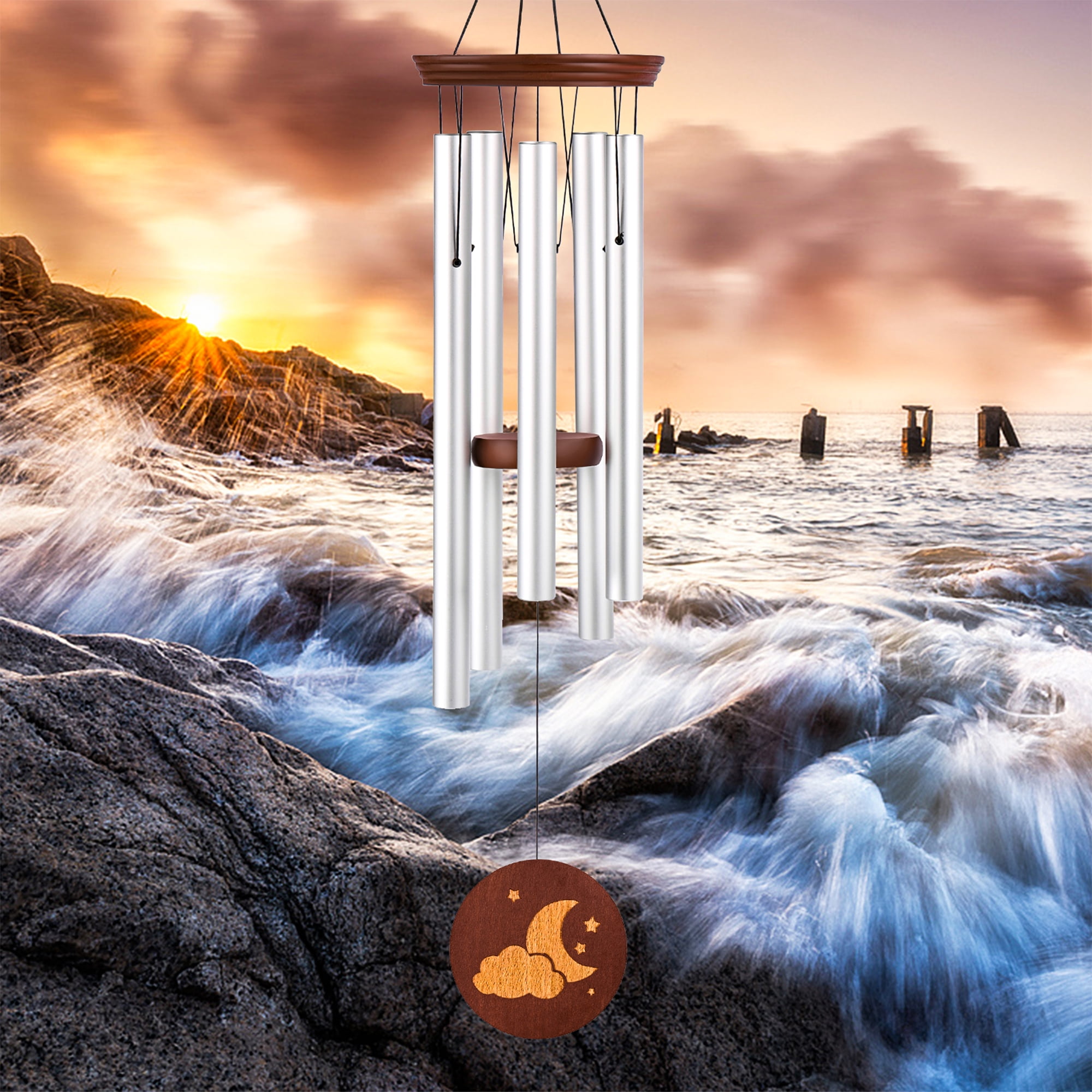 Famiry Wind Chimes for Outside Deep Tone, 36 inches Large Sympathy Wind Chimes with 5 Metal Tubes & Hook，silver