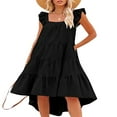 thumbnail image 3 of Women Summer Ruffled Sleeve Dress  Contrast Color/Solid Color Square Neck Irregular Hem Dress for Beach  Date, 3 of 6