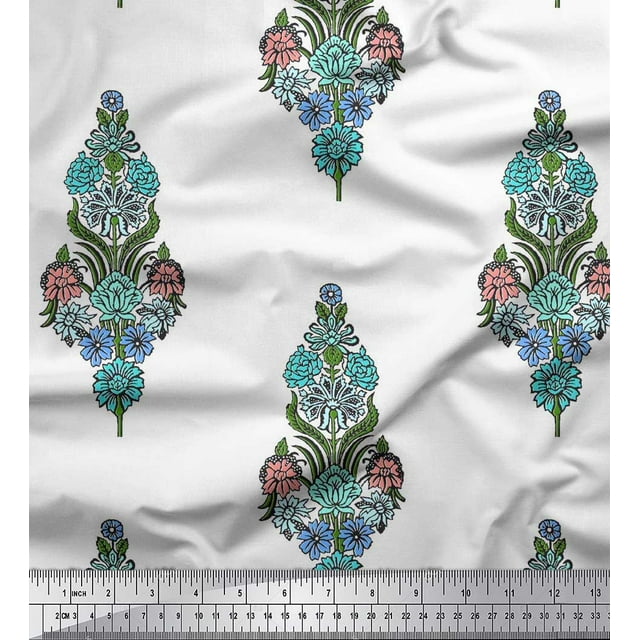 Soimoi Modal Satin Fabric Leaves & Floral Block Printed Fabric 1 Yard 42 Inch Wide