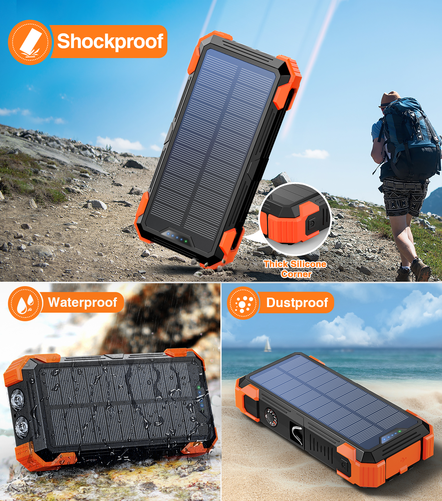 Jiumess 42800mAh Solar Power Bank with Fast Charging, Orange photo 7