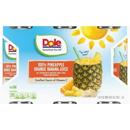 (6 Pack) Dole 100% Pineapple Orange Banana Juice, 6 oz