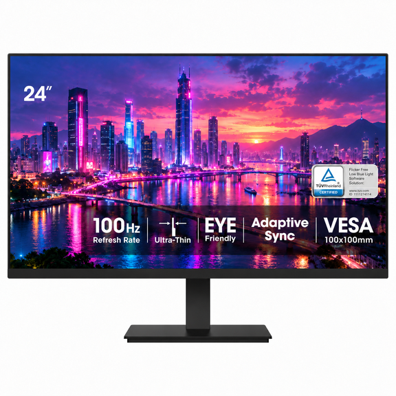 24" FHD Monitor 100Hz 5ms VA, 1920x1080 99% sRGB 4000:1, Adaptive Sync, Compatible with 75Hz/60Hz, HDMI 1.4 & VGA & Audio Out, TÜV Eye Care, VESA 100x100mm