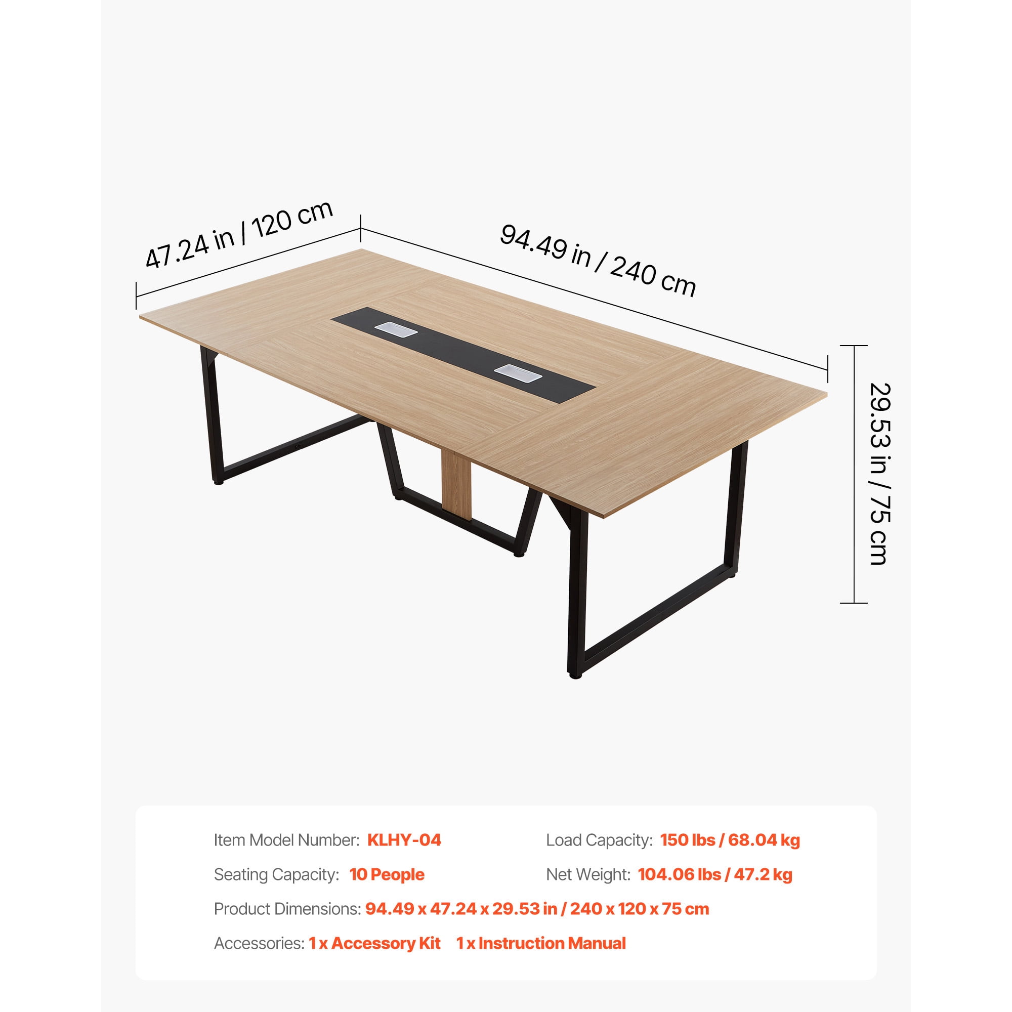KFFKFF 8 ft Conference Table, Rectangular Office Meeting Desk for 10 People, Modern Design with Sturdy Metal Legs, Spacious Workspace for Office, Boardroom, or Conference Room, Simple Assembly, Brown