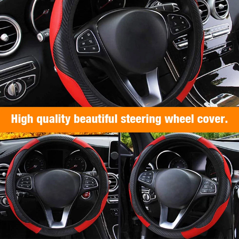 Car Accessories Steering Wheel Cover Red Leather Anti-Slip 15''/38Cm Universal