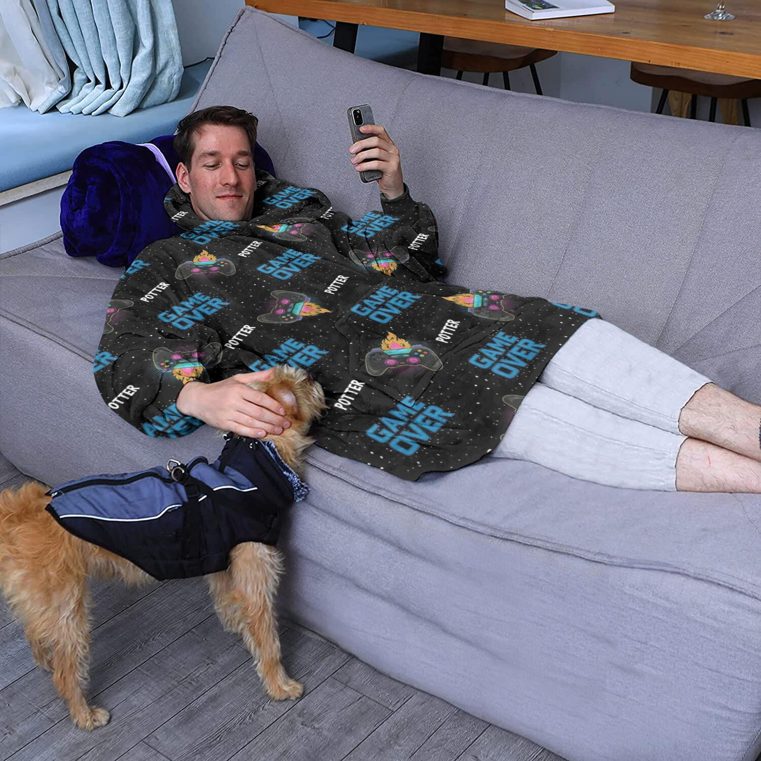 Wearable Oversized Blanket,Multicolor Controllers Games Icons Black Pattern Wearable Blanket Hoodie for Adults,Cozy Hooded Blankets with Super Pockets,Super Warm Fuzzy Pullover for Women & Men