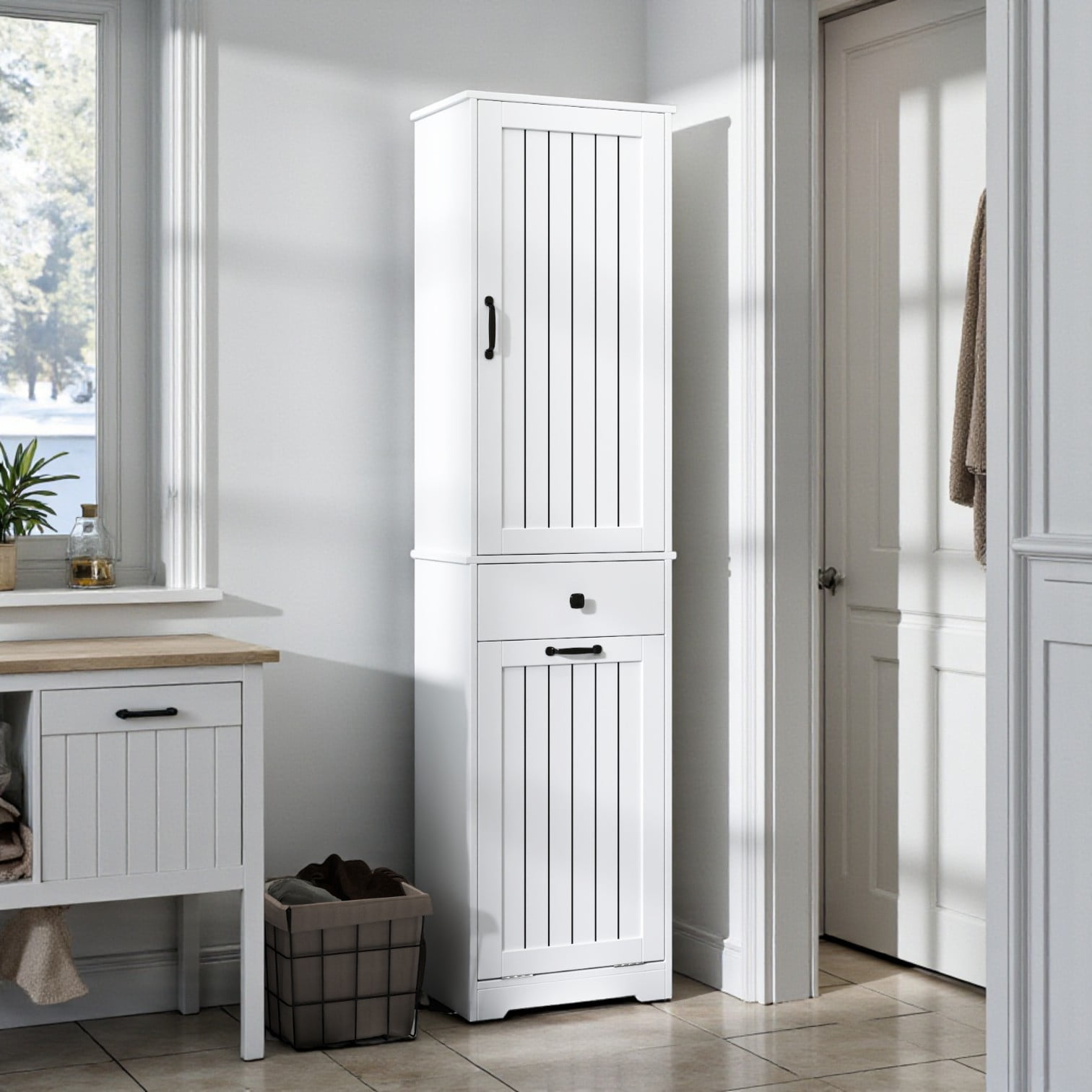 Tcbosik Tall Bathroom Cabinet with Removable Cloth Bag, Tilt Out Laundry Hamper Cabinet with Drawer and Door, Hidden Laundry Hamper Organizer with Shelves for Small Space, White