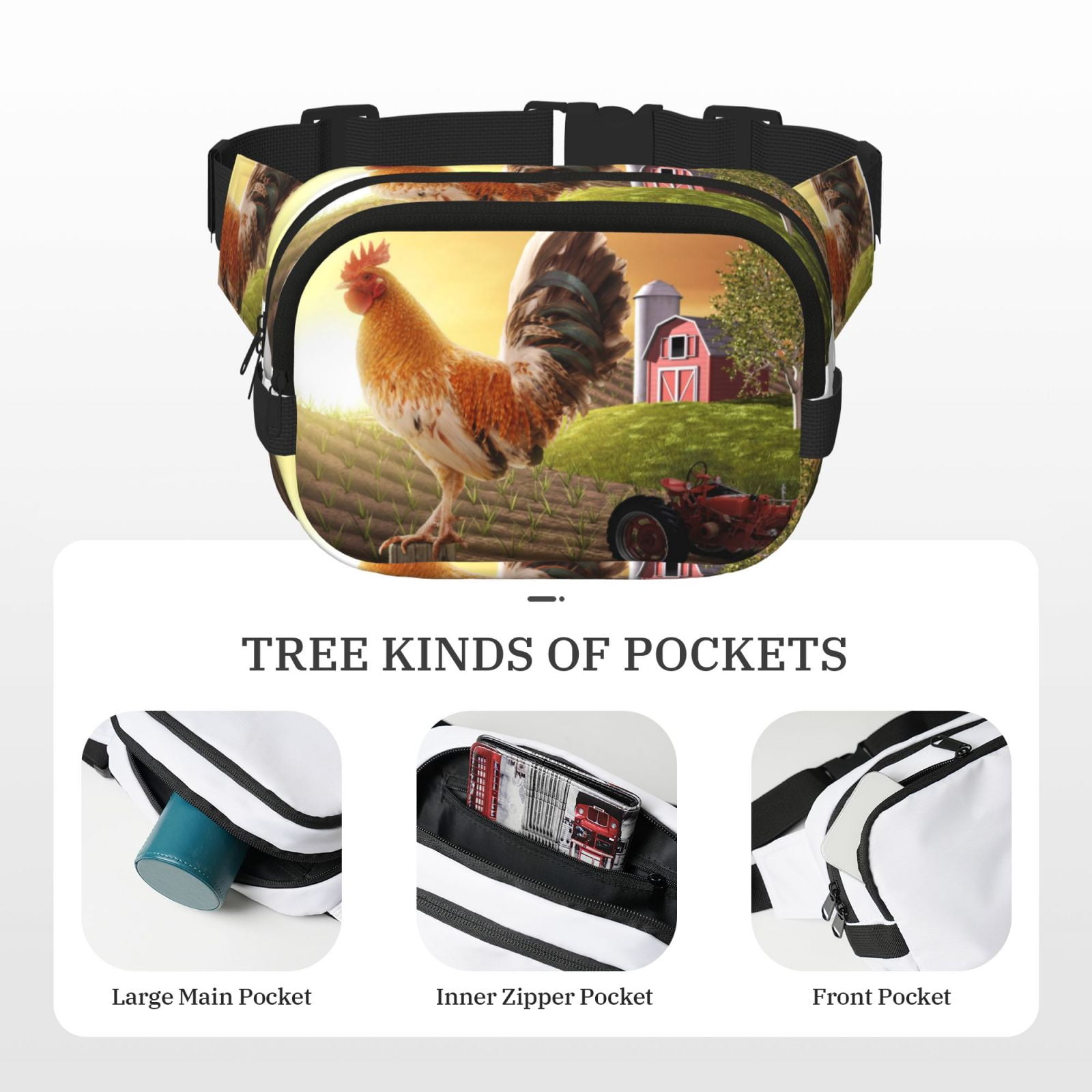Hirioo Country Farm Morning Rooster for Double Layer Waist Bag Adjustable Fanny Pack For Travel Running Hiking