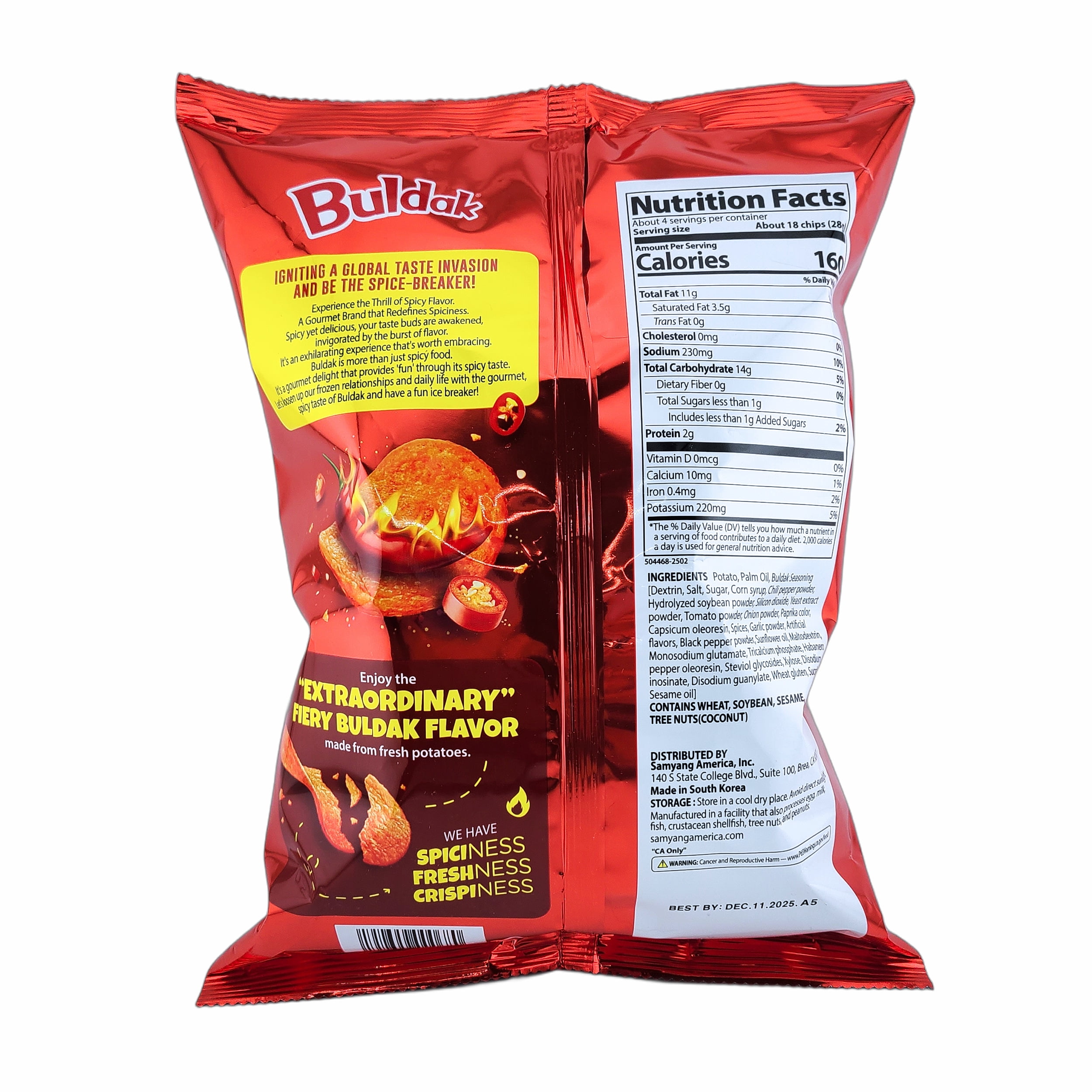 Samyang Buldak Potato Chips ORIGINAL Spicy Chicken Flavored 4.23 Oz. X 2 with Bonus Gift Metallic Wire Bag Clip (3-Pc Set)